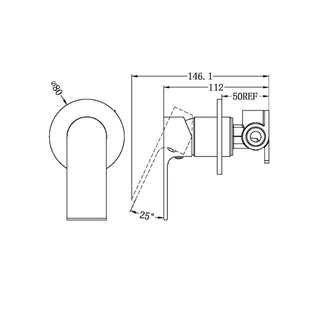 Technical Drawing Nero Bianca Shower Mixer 80mm Plate Brushed Bronze NR321511DBZ - The Blue Space