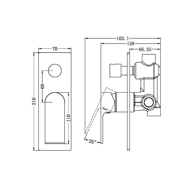 Technical Drawing Nero Bianca Shower Mixer With Divertor Brushed Bronze NR321511ABZ - The Blue Space