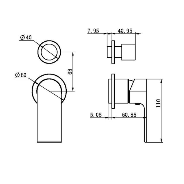 Technical Drawing Nero Bianca Shower Mixer With Divertor Separate Back Plate Trim Kits Only Brushed Bronze NR321511GTBZ - The Blue Space