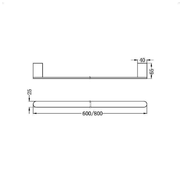 Technical Drawing Nero Bianca Single Towel Rail 800mm Brushed Bronze NR9030BZ - The Blue Space