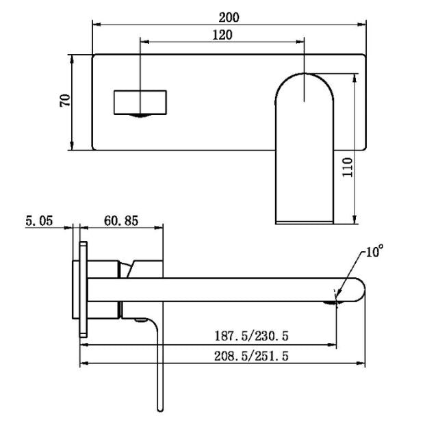 Technical Drawing Nero Bianca Wall Basin/Bath Mixer 187mm Trim Kits Only Brushed Bronze NR321510ATBZ - The Blue Space