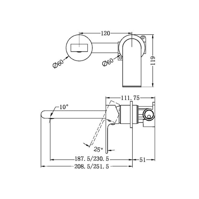 Technical Drawing Nero Bianca Wall Basin/Bath Mixer Separate Back Plate 187mm Brushed Bronze NR321510EBZ - The Blue Space