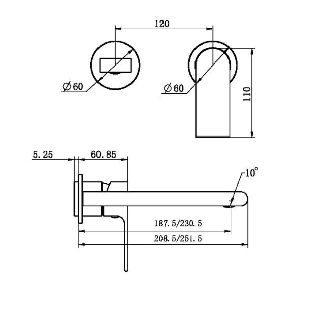 Technical Drawing Nero Bianca Wall Basin/Bath Mixer Separate Back Plate 187mm Trim Kits Only Brushed Bronze NR321510ETBZ - The Blue Space