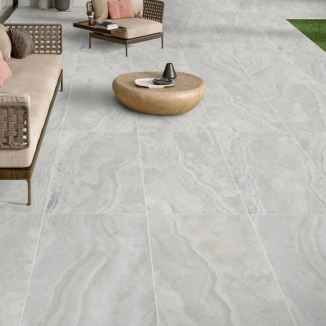 Pearl Ivy Vein Cut Travertine Look Tile Tech Grip 300 x 600 x 10mm Porcelain  | The Blue Space