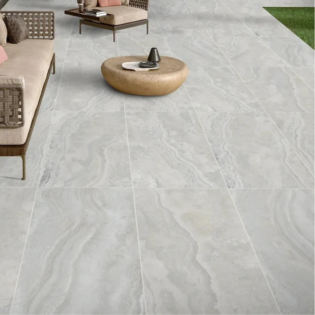 Pearl Ivy Vein Cut Travertine Look Tile Tech Grip 600 x 600 x 10mm Porcelain  | The Blue Space