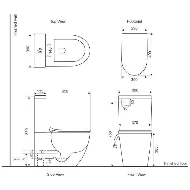 Technical Drawing BelBagno Alexander-R Rimless Nano-Glaze Toilet Suite BB0152-R-TS - The Blue Space