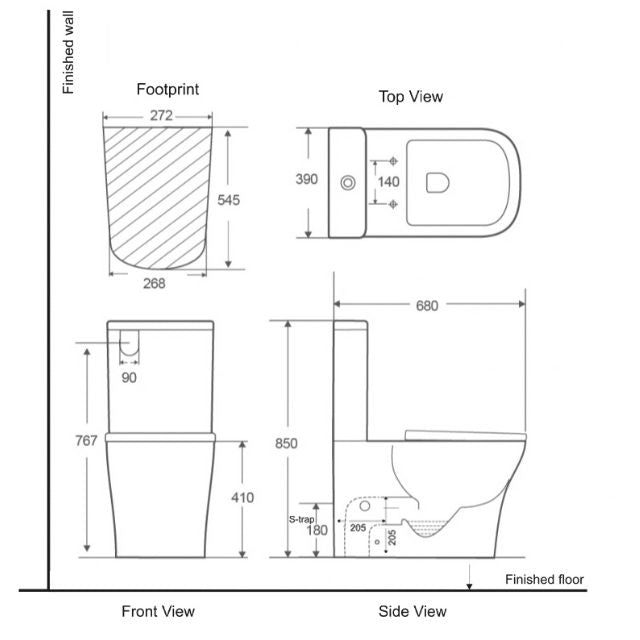 Technical Drawing BelBagno Modena Rimless 2.0 Geberit Toilet Suite BB0155-R-TS - The Blue Space