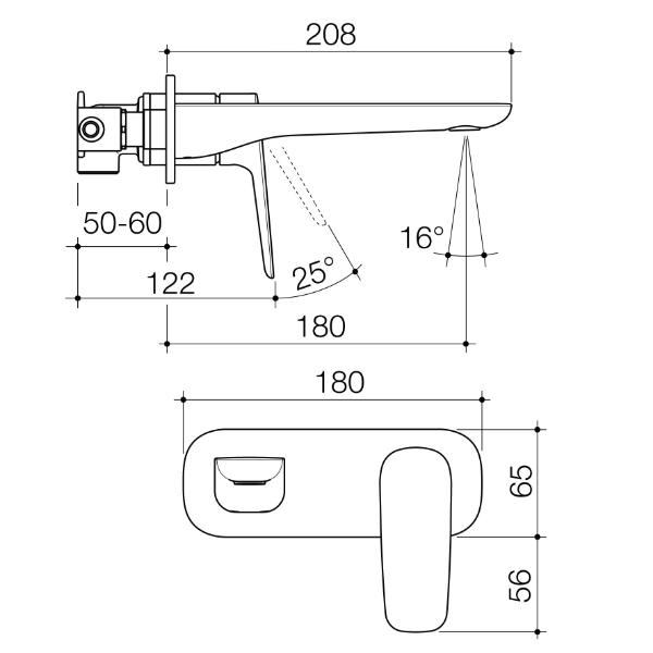 Technical Drawing Caroma Contura II 180mm Wall Basin/Bath Mixer - Matte Black 849051B6AF