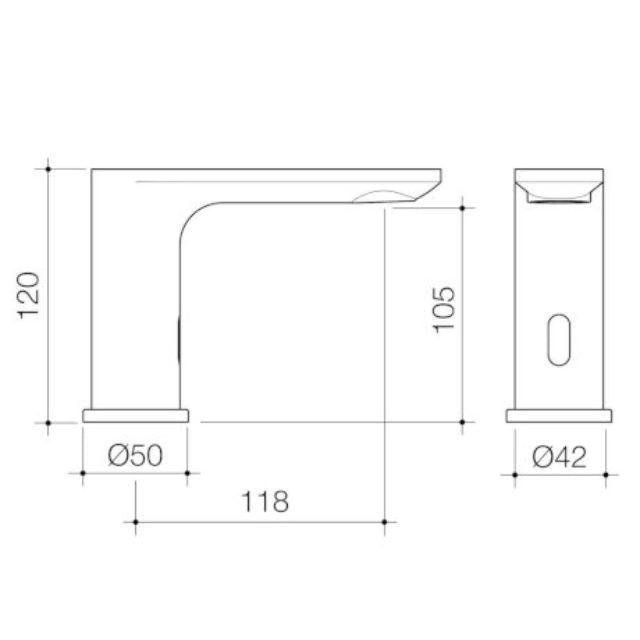 Technical Drawing Caroma Urbane II Sensor Hob Mounted Outlet Tap  - Brushed Brass 99674BB6A - The Blue Space