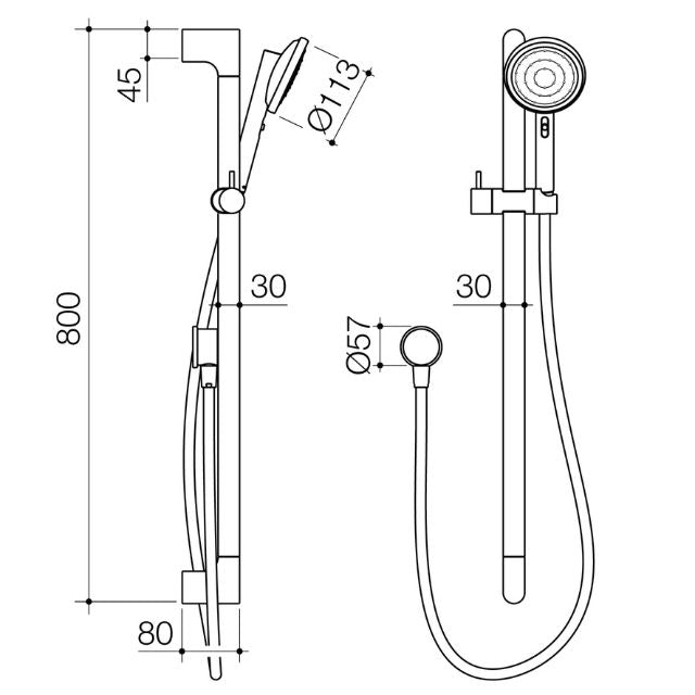 Technical Drawing Caroma Urbane II Universal Rail Shower - Brushed Brass 96331BB4E - The Blue Space