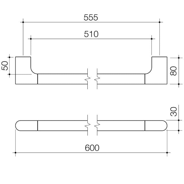 Technical Drawing Caroma Urbane II Universal Rail Straight 600mm - Black 96325B - The Blue Space