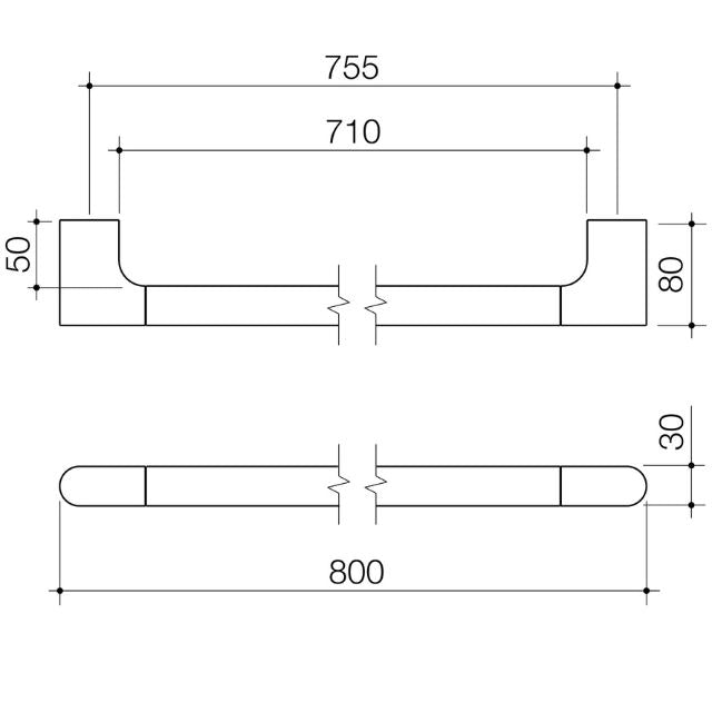 Technical Drawing Caroma Urbane II Universal Rail Straight 800mm - Black 96326B - The Blue Space