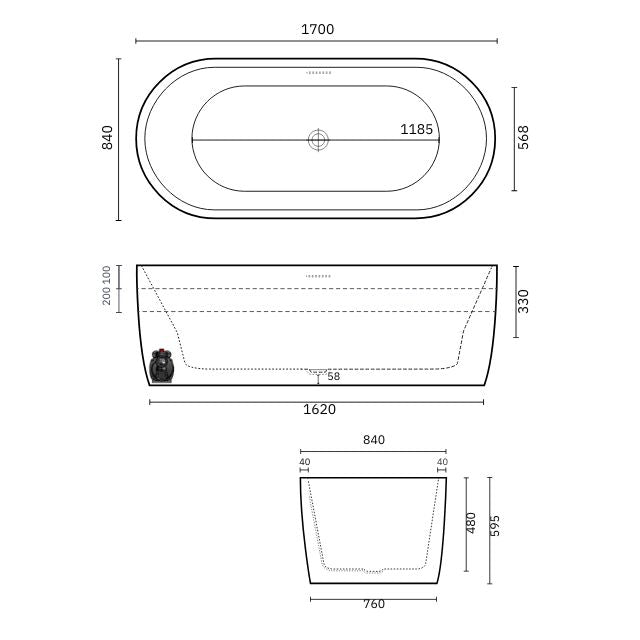 Decina Elisi Freestanding Contour Spa Bath 1700mm