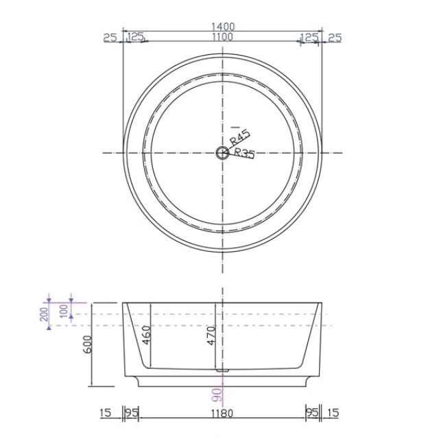 Technical Drawing Decina Florencia 1400mm Freestanding Bath with Integrated Overflow FL1400WIO - The Blue Space