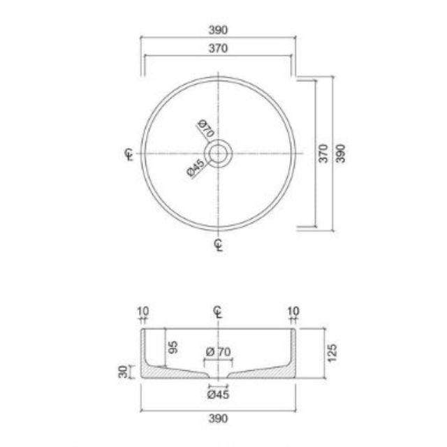 Technical Drawing Eight Quarters 390mm Concrete Circle Above Counter Basin - Charcoal EQCO1-C - The Blue Space