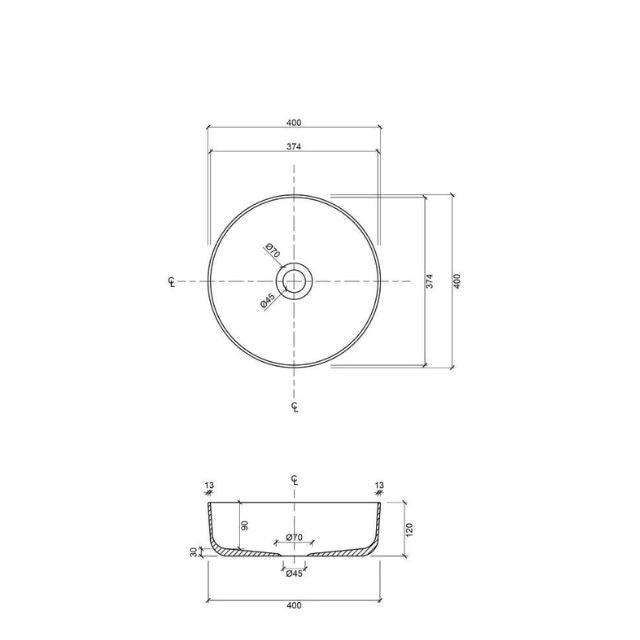 Technical Drawing Eight Quarters 400mm Fluted Concrete Circle Above Counter Basin - Burnt Orange EQFCO1-O - The Blue Space