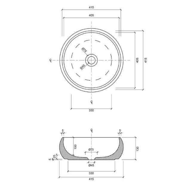 Technical Drawing Eight Quarters 415mm Luna Large Circle Basin - Matt White EQLCL-MW - The Blue Space