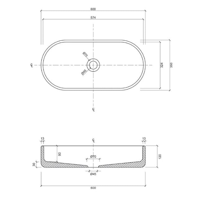 Technical Drawing Eight Quarters 600mm x 350mm Fluted Concrete Pill Above Counter Basin - Burnt Orange EQFCO2-O - The Blue Space