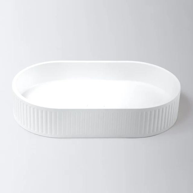 Eight Quarters 600mm x 350mm Fluted Concrete Pill Above Counter Basin - White EQFCO2-W - The Blue Space