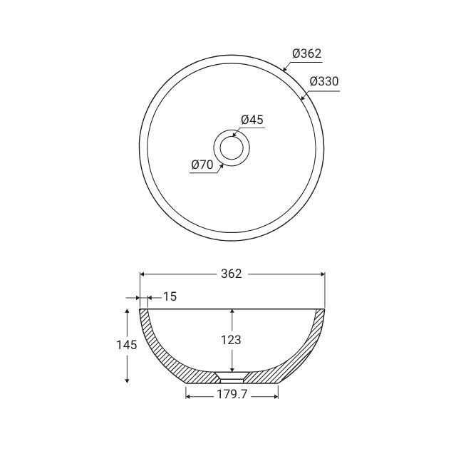 Technical Drawing Fienza Alba Concrete Round Bowl Basin 362 x 145mm Warm Grey RB074 - The Blue Space