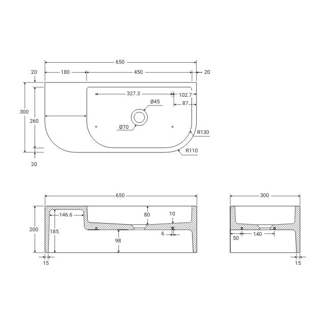 Technical Drawing Fienza Blanca Concrete Wall Hung Basin Rh Bowl 650 300x200mm Sage RB061SG - The Blue Space