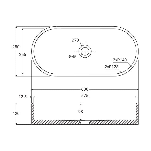 Technical Drawing Fienza Jada Concrete Pill Basin Above Counter 600 x 280 x 120mm Sage RB013SG - The Blue Space