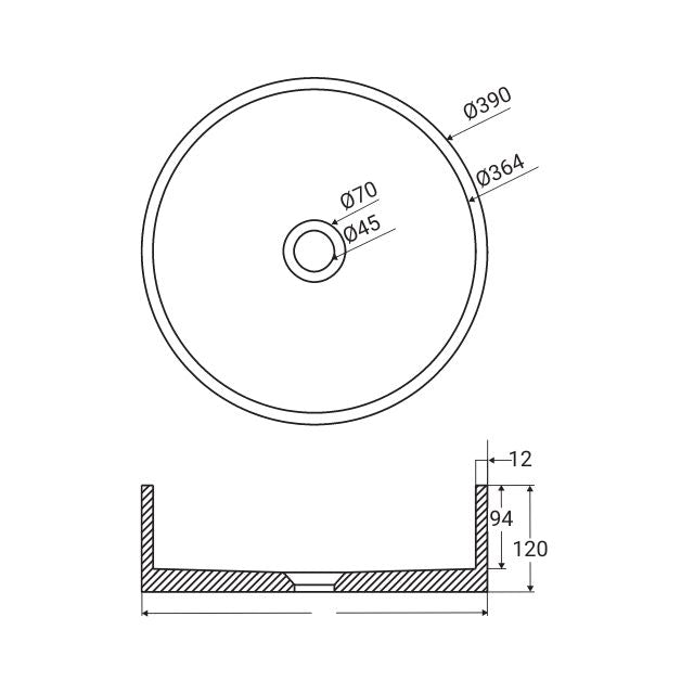 Technical Drawing Fienza Jada Concrete Round Basin Above Counter 390 x 120mm Terrazzo RB199TZ - The Blue Space