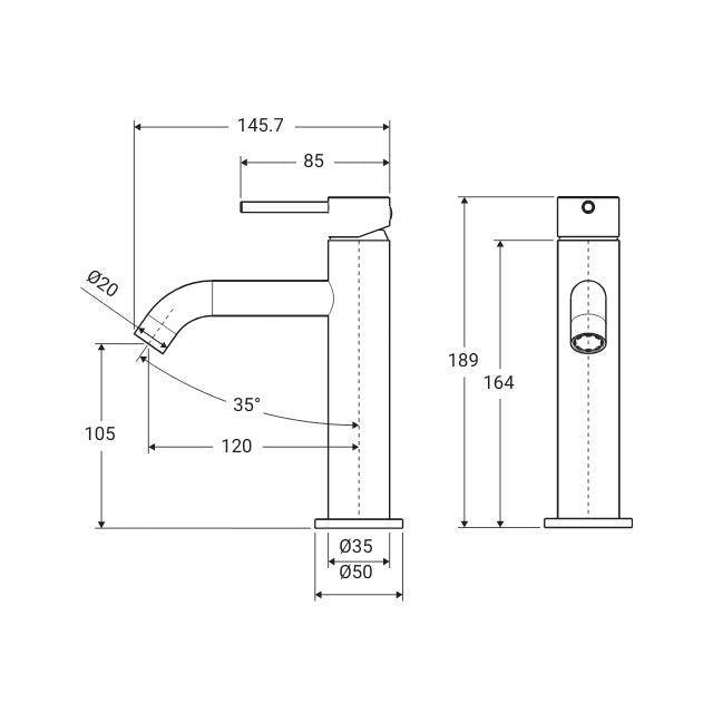 Technical Drawing Fienza Kaya Basin Mixer Urban Brass 228103UB - The Blue Space