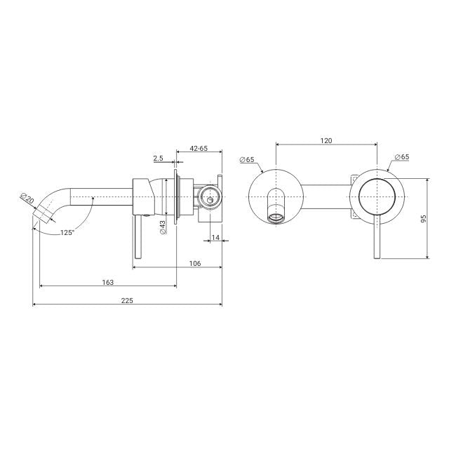 Technical Drawing Fienza Kaya Basin/Bath Wall Mixer Set Round Plates 160mm Outlet Brushed Copper 228104CO - The Blue Space