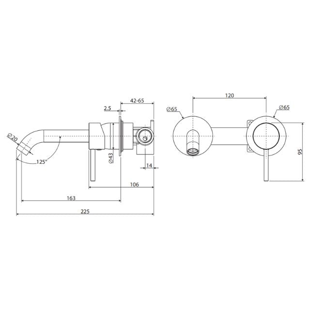 Technical Drawing Fienza Kaya Basin/Bath Wall Mixer Set Round Plates 160mm Outlet Urban Brass 228104UB - The Blue Space