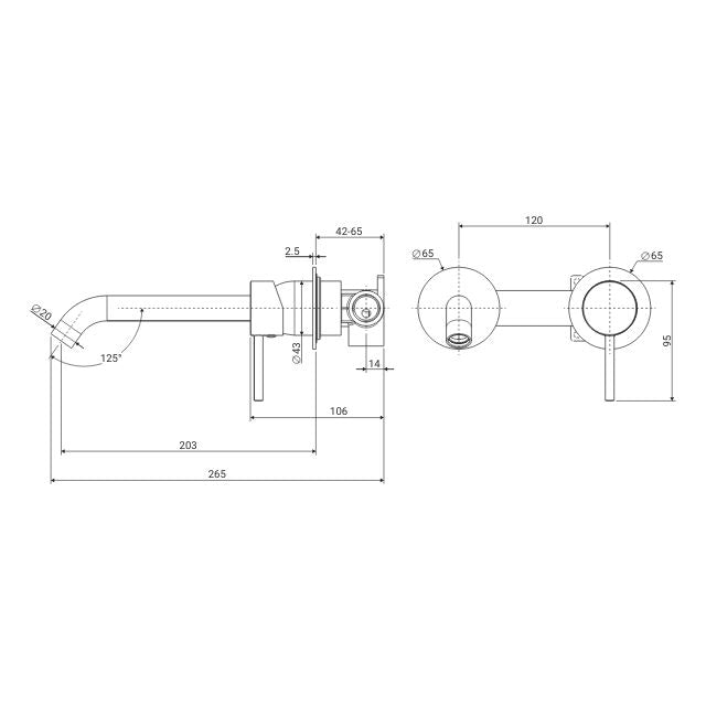 Technical Drawing Fienza Kaya Basin/Bath Wall Mixer Set Round Plates 200mm Outlet Brushed Nickel 228104BN-200 - The Blue Space