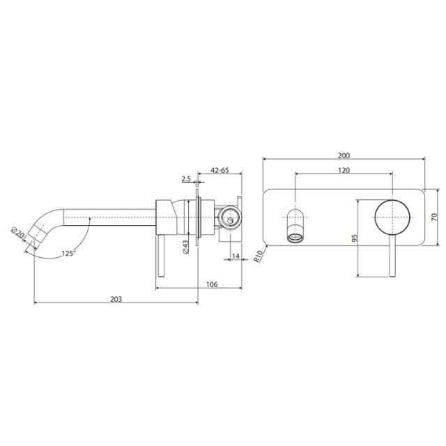 Technical Drawing Fienza Kaya Basin/Bath Wall Mixer Set Round Plates 200mm Outlet Urban Brass 228104UB-200 - The Blue Space