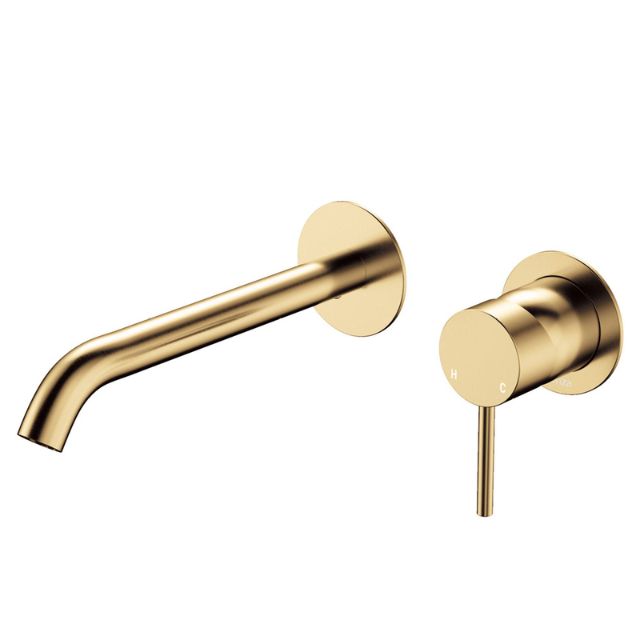 Fienza Kaya Basin/Bath Wall Mixer Set Round Plates 200mm Outlet Urban Brass 228104UB-200 - The Blue Space