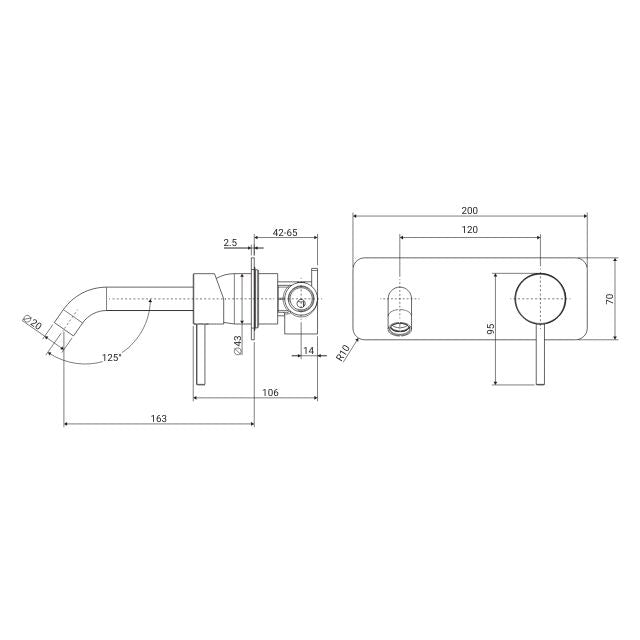 Technical Drawing Fienza Kaya Basin/Bath Wall Mixer Set Soft Square Plate 160mm Outlet Brushed Copper 228106CO - The Blue Space