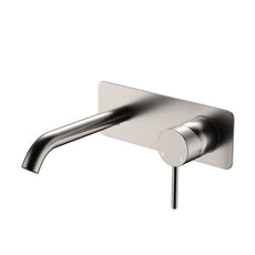 Fienza Kaya Basin/Bath Wall Mixer Set Soft Square Plate 160mm Outlet Brushed Nickel 228106BN - The Blue Space