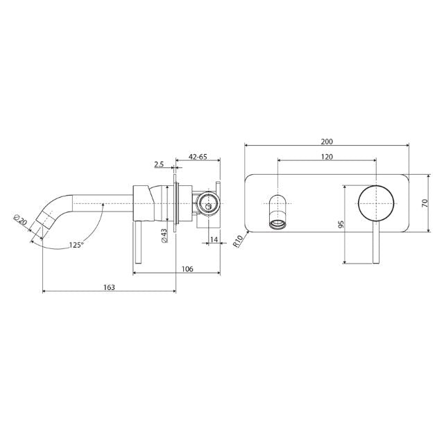 Technical Drawing Fienza Kaya Basin/Bath Wall Mixer Set Soft Square Plate 160mm Outlet Urban Brass 228106UB - The Blue Space