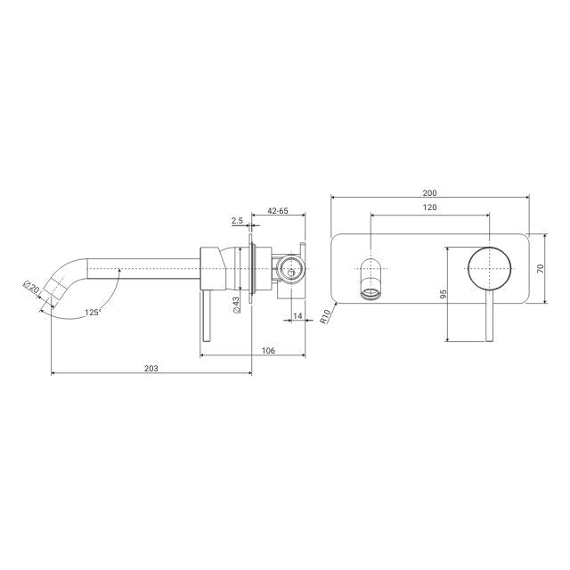 Technical Drawing Fienza Kaya Basin/Bath Wall Mixer Set Soft Square Plate 200mm Outlet Brushed Copper 228106CO-200 - The Blue Space