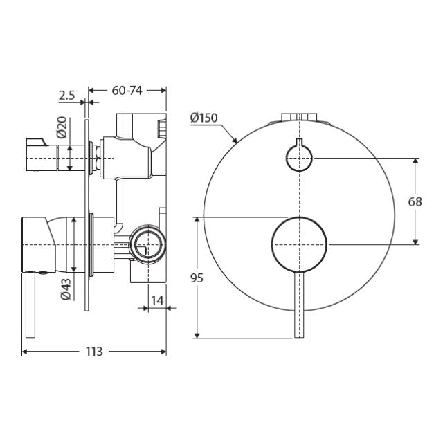 Technical Drawing Fienza Kaya Diverter Mixer Dress Kit Large Round Plate Chrome  D228102 - The Blue Space