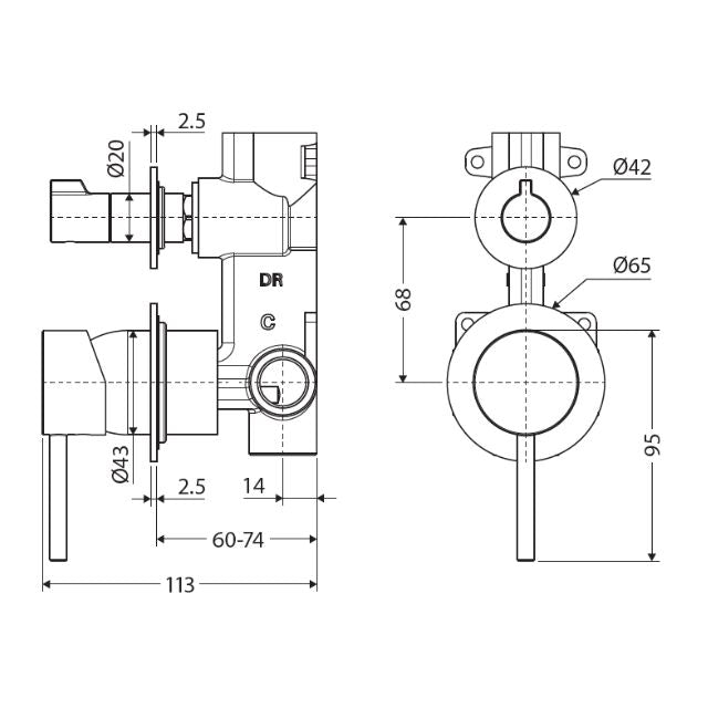 Technical Drawing Fienza Kaya Diverter Mixer Small Round Plate Matte Black 228102B-4 - The Blue Space