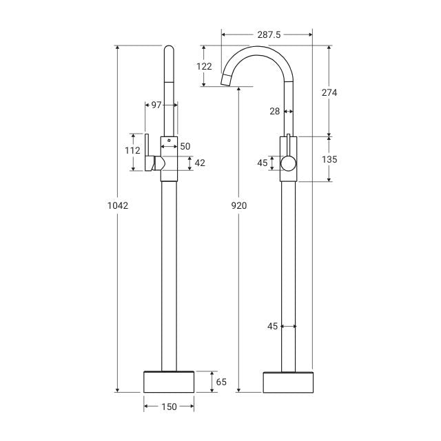 Technical Drawing Fienza Kaya Floor Mounted Mixer Brushed Nickel  213112BN - The Blue Space