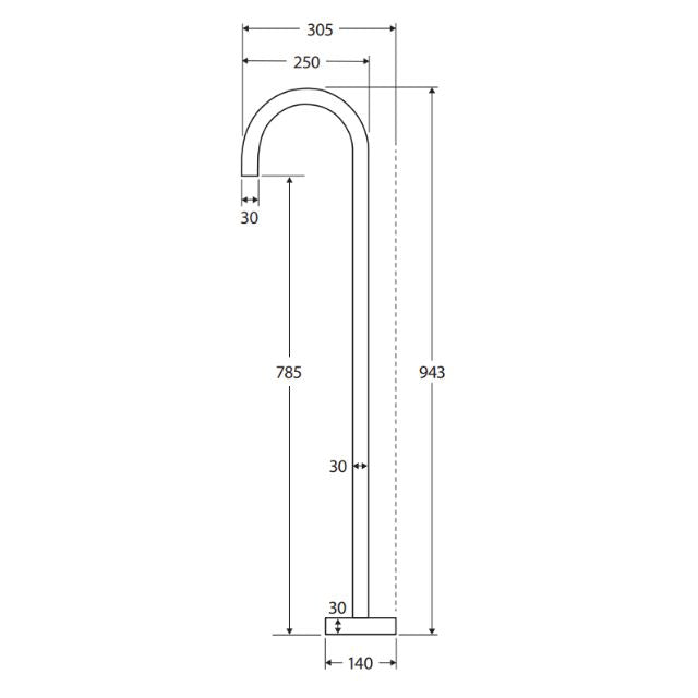 Technical Drawing Fienza Kaya Gooseneck Floor Mounted Bath Outlet Chrome SP8016 - The Blue Space