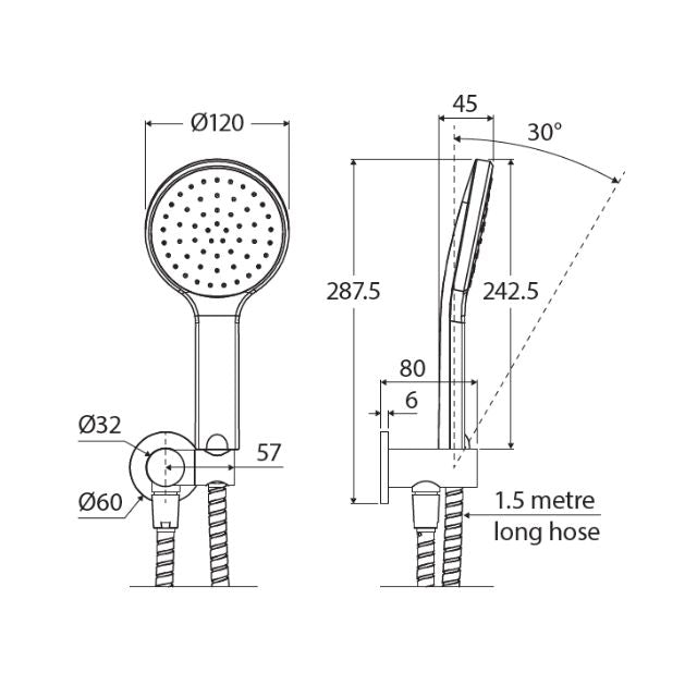 Technical Drawing Fienza Kaya Hand Shower Round Plate Brushed Nickel 433201BN - The Blue Space