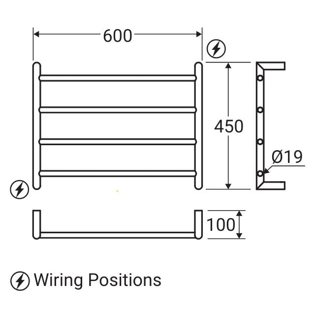 Technical Drawing Fienza Kaya Heated Towel rail 600mm x 450mm Brushed Nickel 8286045BN - The Blue Space