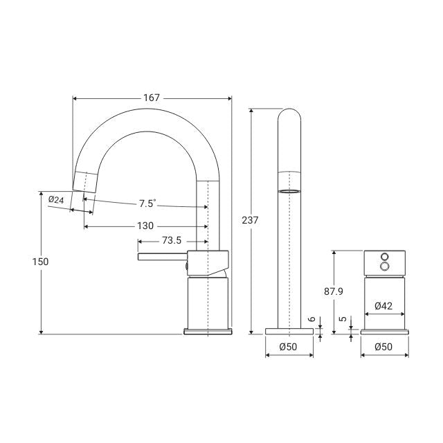 Technical Drawing Fienza Kaya Hob Mixer And Basin/Bath Spout Set Chrome  228117 - The Blue Space