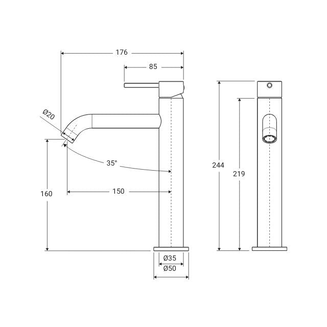 Technical Drawing Fienza Kaya Medium Basin Mixer Brushed Nickel  228110BN - The Blue Space