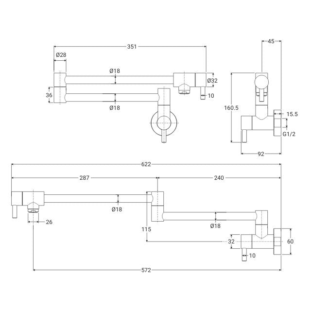 Technical Drawing Fienza Kaya Pot Filler Wall Mixer Sus304 Urban Brass  228120UB - The Blue Space