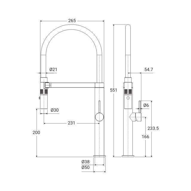 Technical Drawing Fienza Kaya Pull Down Sink Mixer Brushed Copper  228109CO - The Blue Space