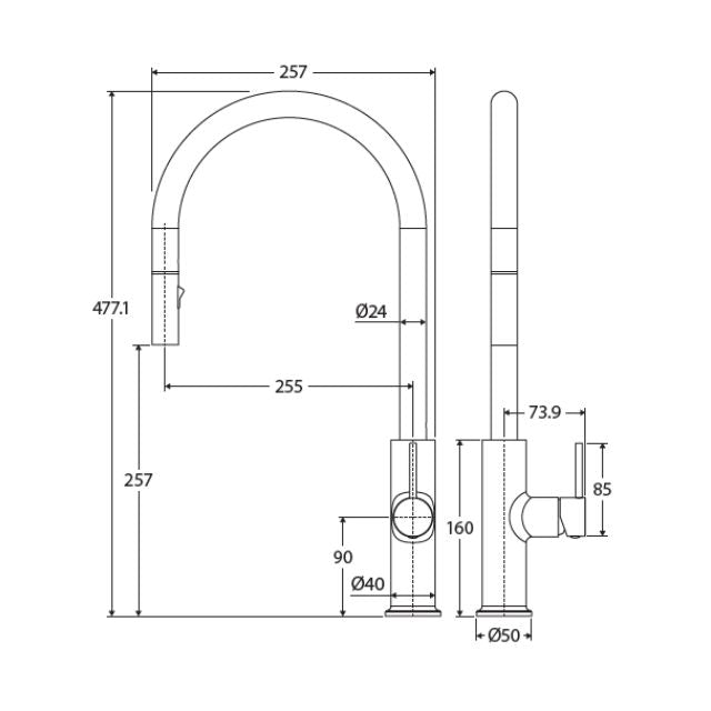 Technical Drawing Fienza Kaya Pull Out Sink Mixer Brushed Nickel 228108BN - The Blue Space