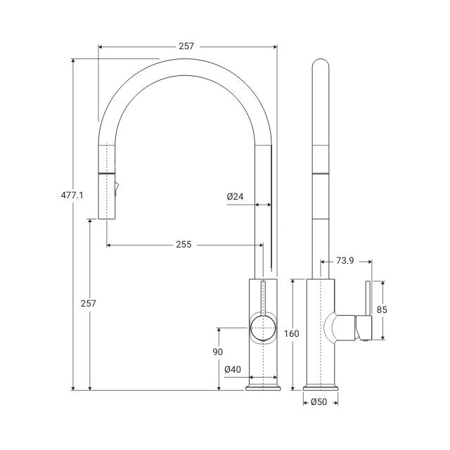 Technical Drawing Fienza Kaya Pull Out Sink Mixer Chrome  228108 - The Blue Space