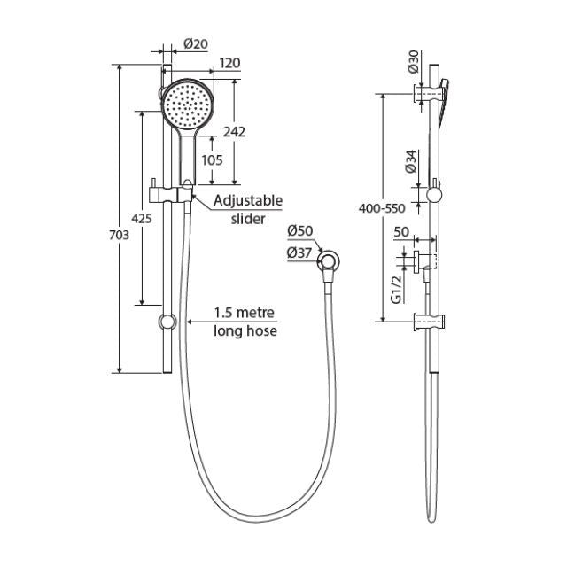 Technical Drawing Fienza Kaya Rail Shower Brushed Nickel 444109BN - The Blue Space